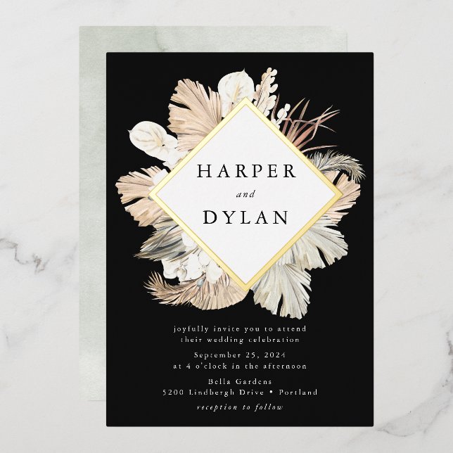 Boho Tropical Liebe Diamond Frame Wedding Gold Folieneinladung (Vorderseite/Rückseite)