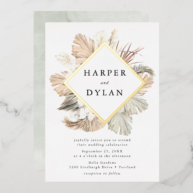 Boho Tropical Liebe Diamond Frame Wedding Gold Folieneinladung (Vorderseite/Rückseite)