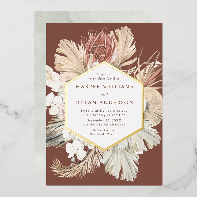 Boho Tropical Liebe Wedding Gold Folieneinladung (Vorderseite/Rückseite)