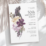 Boho Tropical Lila Parrot 50. Geburtstag Einladung<br><div class="desc">Eine einzigartige boho tropische Aquarellfarben, florale 50. Geburtstagsfeier mit einer prächtigen Farbpalette in lila, Pflaume, Beige (cremefarben) und Grün. Ein schöner großer lila Papagei liegt auf einem luxuriösen Bouquet exotischer tropischer Blume. Das Farbschema ist perfekt für Geburtstagsveranstaltungen zu jeder Jahreszeit und hat einen rustikalen Charme. Zu den Blume dieses modernen...</div>