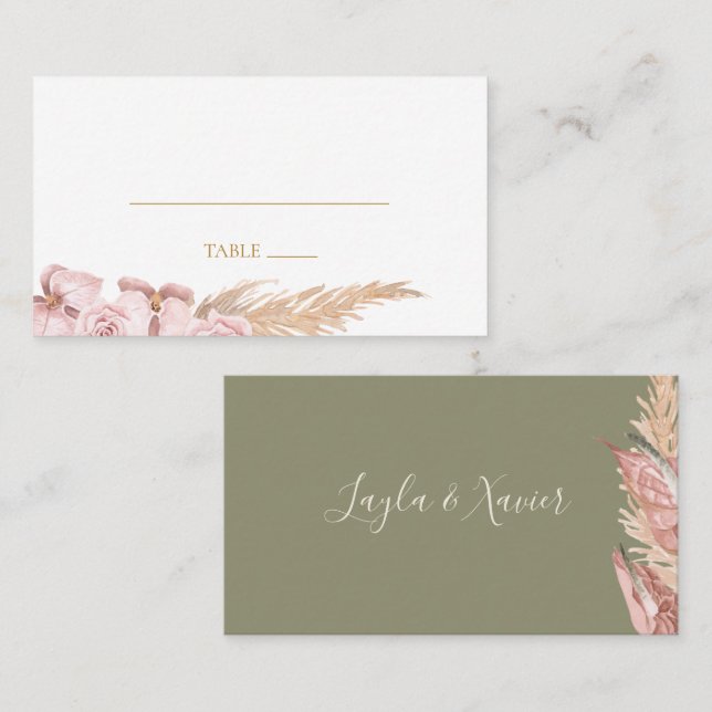 Boho Tropical Olive Green Flat Wedding Platzkarte (Vorne/Hinten)