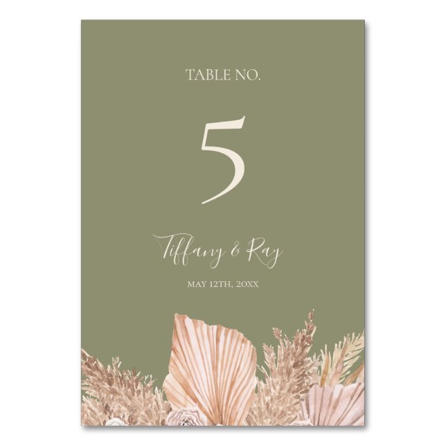 Boho Tropical Olive Green Tischnummer (Vorderseite)