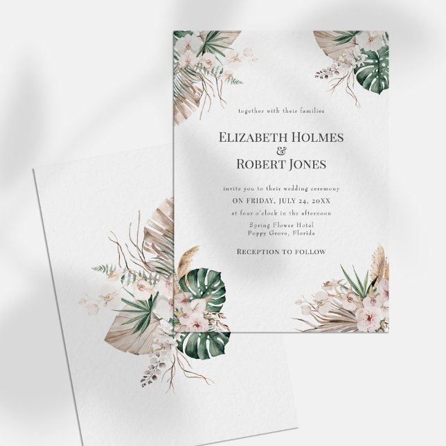 Boho Tropical Orchid & Monstera Hochzeit Einladung (Boho Tropical Orchid & Monstera Wedding Invitation on a white sunny table.)