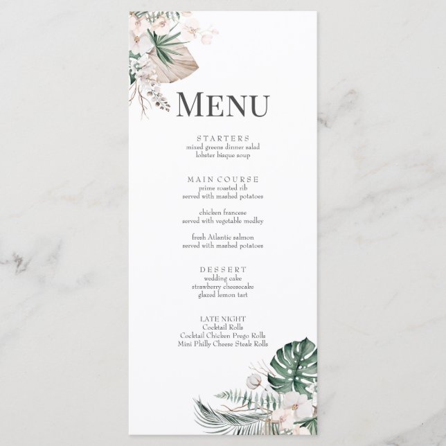 Boho Tropical Orchid & Monstera Wedding Menu Card Menükarte (Vorderseite)