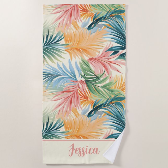 Boho Tropical Palm Blätter Beach Summer Pattern Strandtuch (Vorderseite)