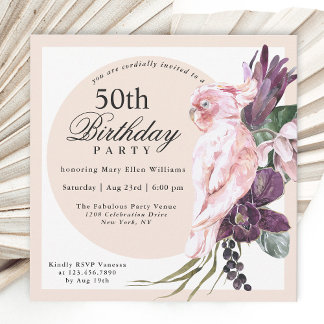 Boho Tropical Pink Parrot Floral 50. Geburtstag Einladung