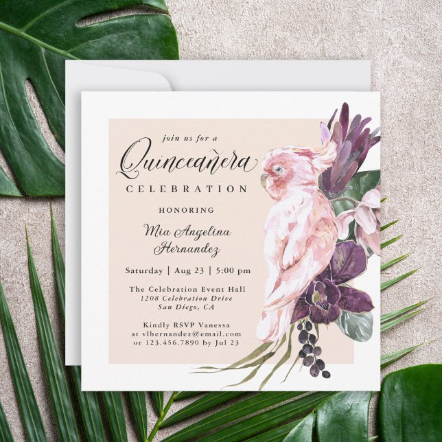 Boho Tropical Pink Parrot Floral Quinceanera Einladung (Von Creator hochgeladen)
