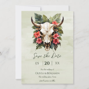 Boho Tropical Watercolor Floral Cow Skull Wedding Save The Date