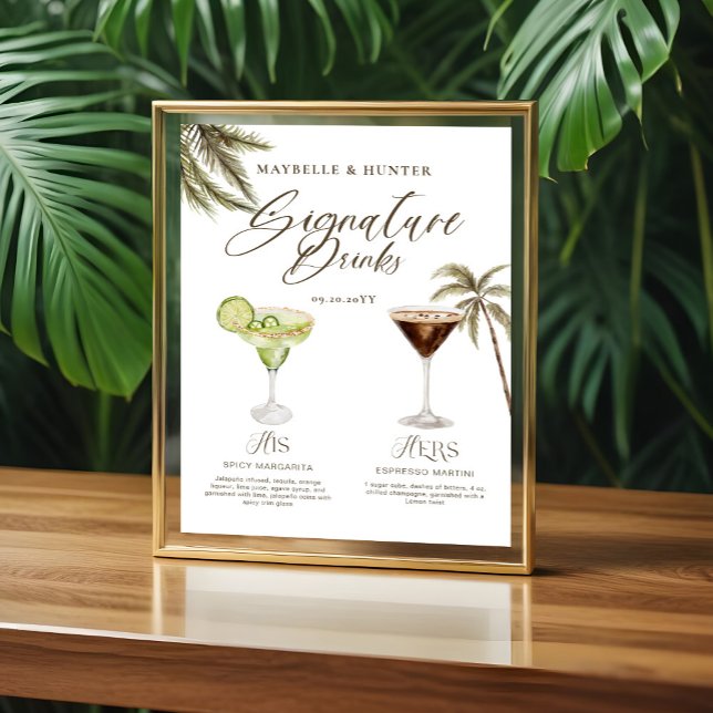 Boho Tropical Watercolor Signature Drinks Hochzeit Poster (Boho Tropical Watercolor Signature Drinks Wedding Acrylic Sign)