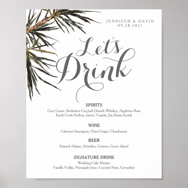 Boho Tropical Wedding Bar Menu Sign Poster (Matte) (Vorne)