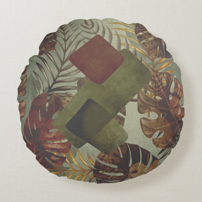 Boho tropische Monstera Palmenblatt 70er Jahre Som Rundes Kissen (Vorderseite)