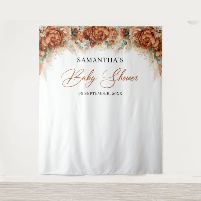 Boho tropische Terracotta Pampas Gras Babydusche Wandteppich (Vorderseite)