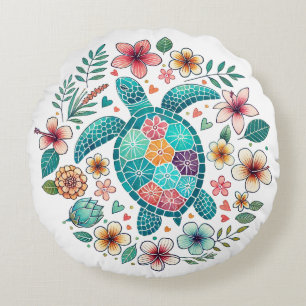 Boho Türkis Blumen Meeresschildkröte - Küste Rundes Kissen
