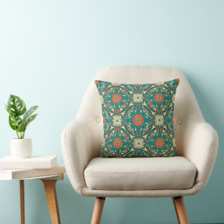 Boho Türkis & Gebranntes Orange Mandala Floral Kissen
