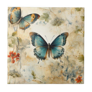 Boho Türkis Schmetterling Botanischer Garten Druck Fliese