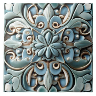 Boho Türkis Türkis Faux Relief Botanische Blume Fliese
