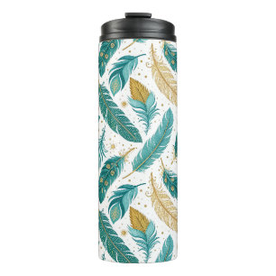 Boho Türkis und Gold Federn Thermosbecher
