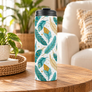 Boho Türkis und Gold Federn Thermosbecher
