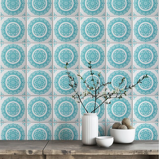 Boho Turquoise aquamarin Blue Mandala Blume Fliese (Von Creator hochgeladen)