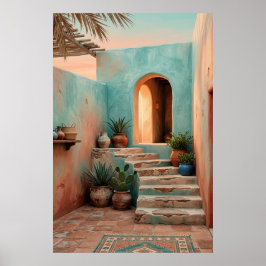Boho Turquoise Desert Courtyard, Rustic Staircase Poster