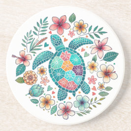 Boho Turquoise Floral Sea Turtle - Coastal Round Getränkeuntersetzer