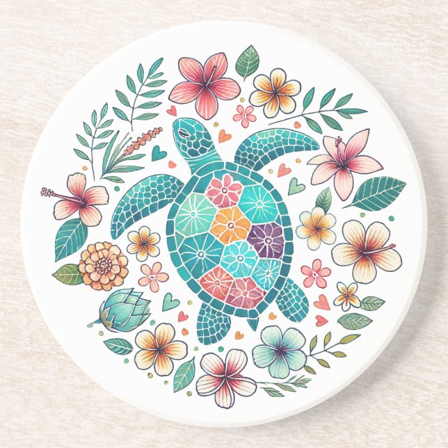 Boho Turquoise Floral Sea Turtle - Coastal Round Getränkeuntersetzer (Vorne)