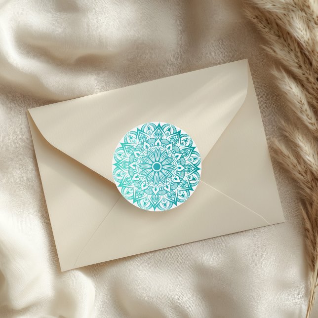 Boho Turquoise Mandala Runder Aufkleber (Boho Turquoise Mandala Classic Round Sticker on an elegant envelope.)