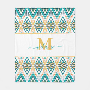 Boho Turquoise Mustard Ethnic Abstrakt Monogram Fleecedecke