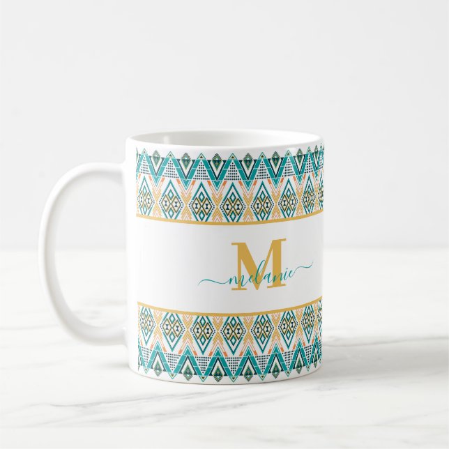 Boho Turquoise Mustard Ethnic Abstrakt Monogram Kaffeetasse (Links)