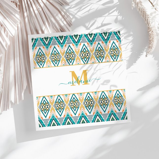 Boho Turquoise Mustard Tribal Diamond Monogram Serviette (Boho Turquoise Mustard Tribal Diamond Monogram Napkins on a sunny white table.)