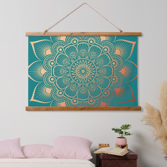 Boho Turquoise Peach Mandala Wood Topped Wandteppich Mit Holzrahmen (Schlafzimmer)