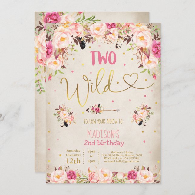 Boho Two Wild Birthday Einladung Watercolor Boho (Vorne/Hinten)