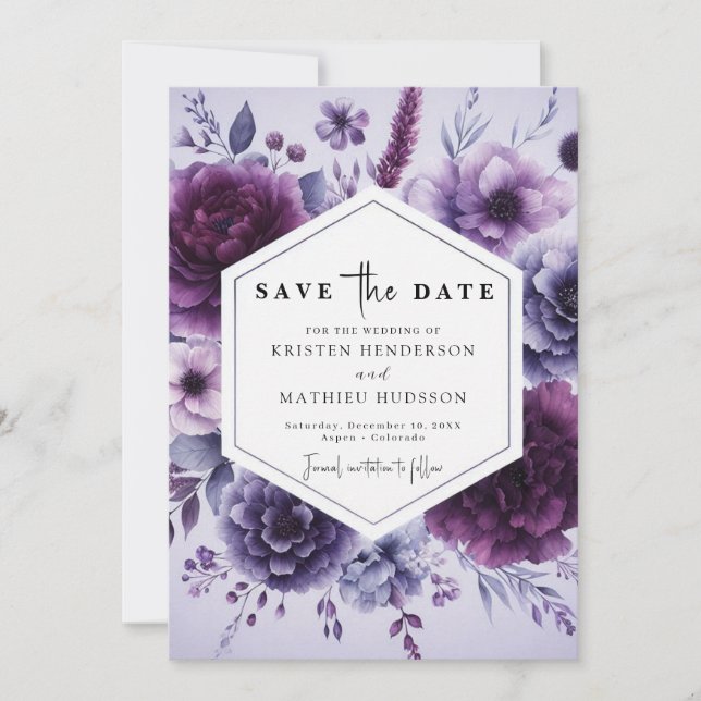 Boho Typografie Lila Floral Wedding Save The Date (Vorderseite)