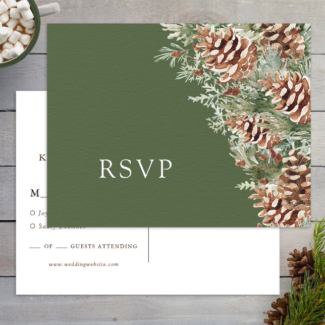Boho UAWG Wedding Postcard Postkarte (Green Boho Pinecone Evergreen RSVP Wedding Postcard by Painted Paperie
)