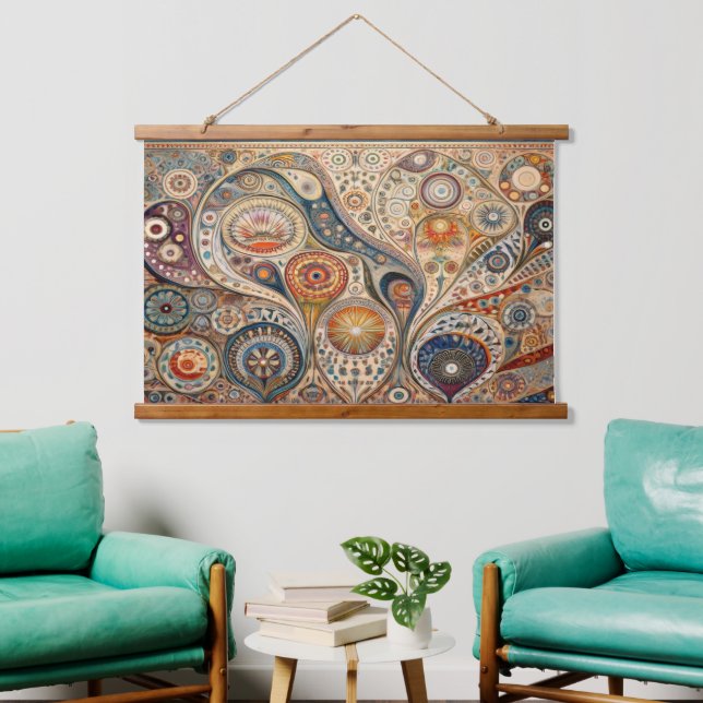 Boho und Folk Art Fusion Wall hängen Wandteppich Mit Holzrahmen (Wohnzimmer)