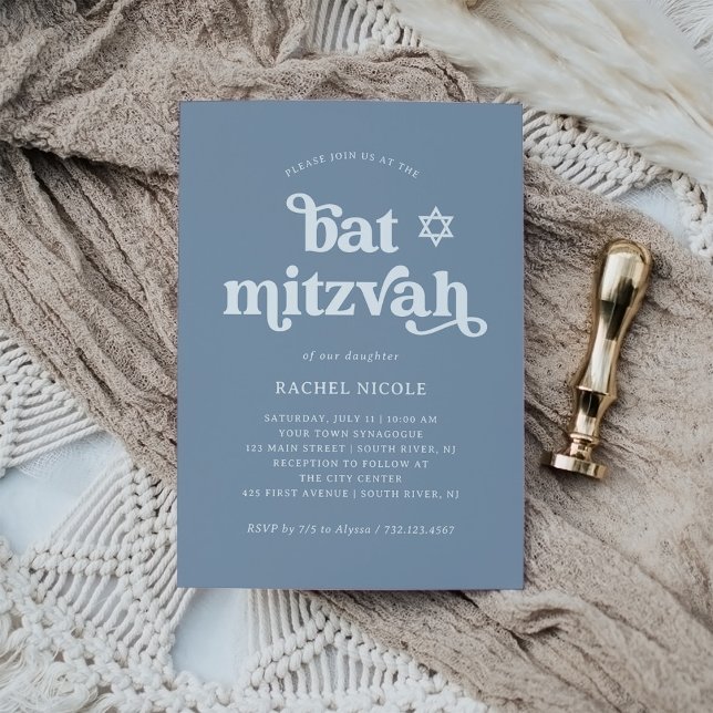 Boho und Retro Dusty Blue | Bat Mitzvah Einladung (Von Creator hochgeladen)