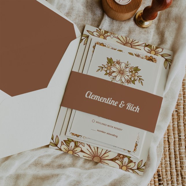 Boho und Retro Wedding Einladungsbanderole (Trendy, vintage style wedding belly bands with retro script)