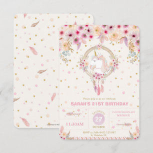 Boho Unicorn Birthday Floral Girl 21. Einladung