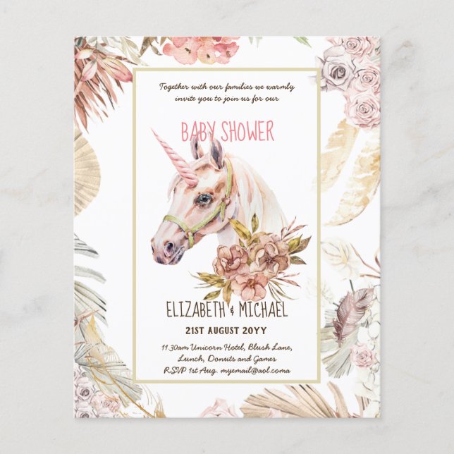 BOHO UNICORN Kinderdusche Einladungen Wasserfarbe Flyer (Vorne)