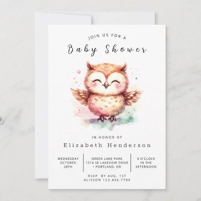 Boho Unique Owl Babydusche Einladung (Vorderseite)