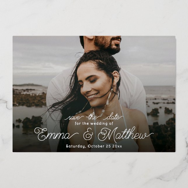 Boho Unterhalb des Fotos Curly Save the Date Folieneinladung (Vorderseite)