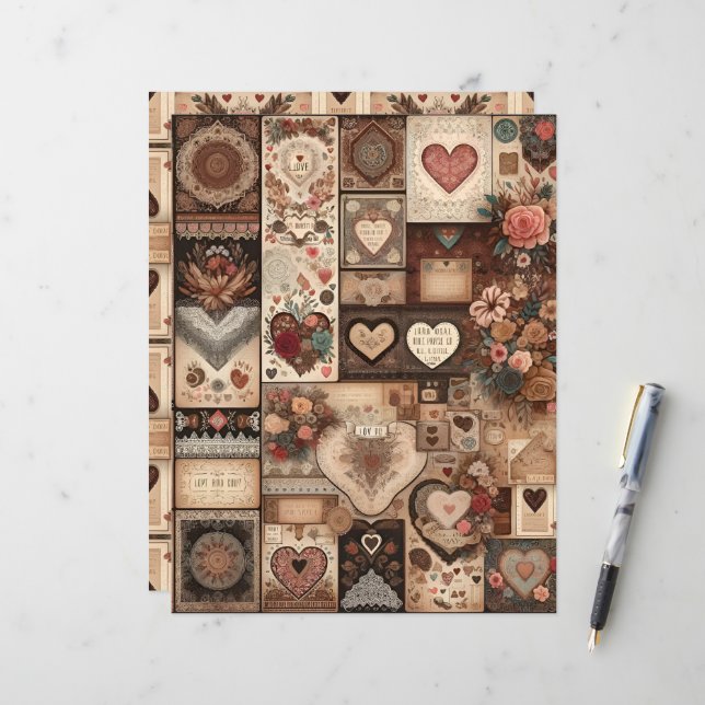 Boho Valentines Ephemera Scrapbook Paper (Vorderseite/Rückseite Beispiel)