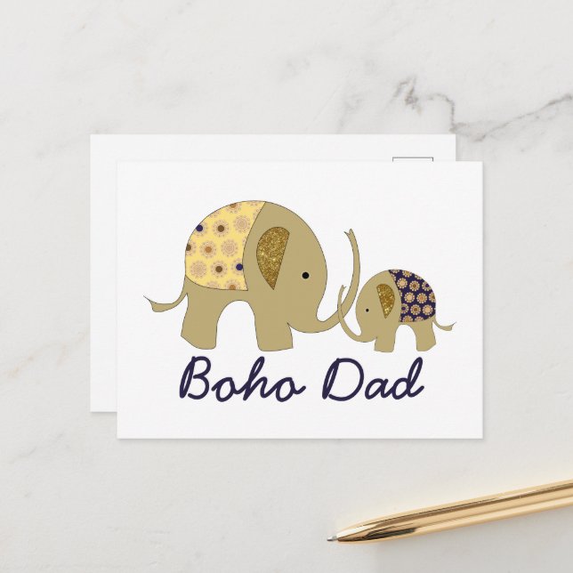 Boho Vater, Goldener Elefant Postkarte (Vorderseite/Rückseite Beispiel)