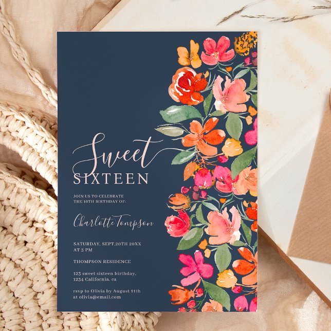 Boho verbrannte orange Erden Ton Blumenchic süß 16 Einladung (Boho burnt orange earth tone floral chic sweet 16 invitation on dark blue)
