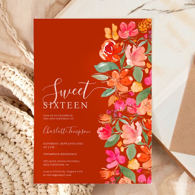 Boho verbrannte orange Erden Ton Blumenchic süß 16 Einladung (Boho burnt orange earth tone floral chic sweet 16 invitation on terracotta)