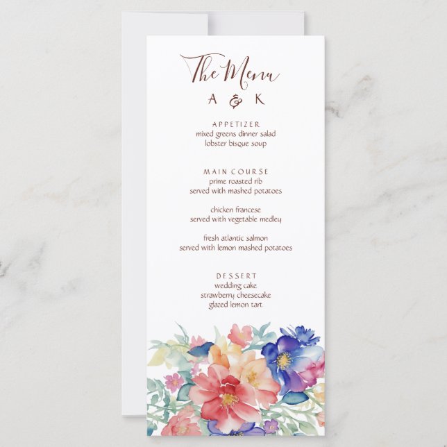 Boho Vibrant Blume Wedding Menu Flat Card (Vorderseite)
