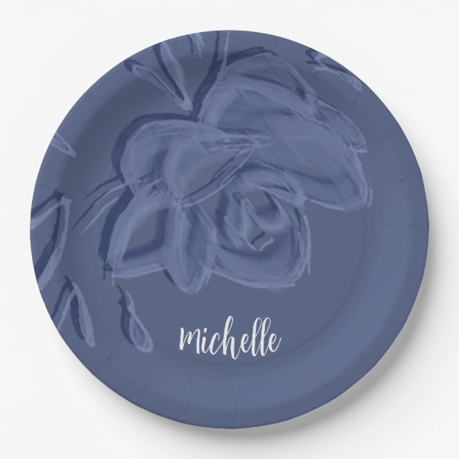 Boho Vintag Artistic Blue Blumen Pappteller (Vorderseite)