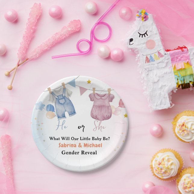 Boho Vintag Baby Clotheline Gender Reveal Party Pappteller (Party)