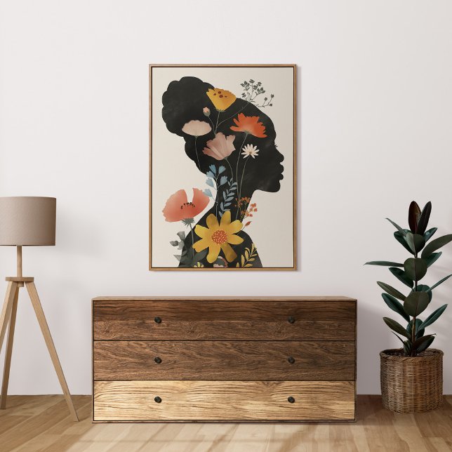 Boho Vintag Weibliche Portait mit Wildblumen Poster (Boho Vintage Female Portait with Wildflowers Poster in a neutral boho living room.)
