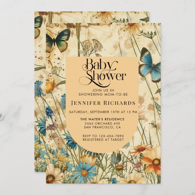 Boho Vintag Wildblume Baby Dusche Einladung (Vorne/Hinten)